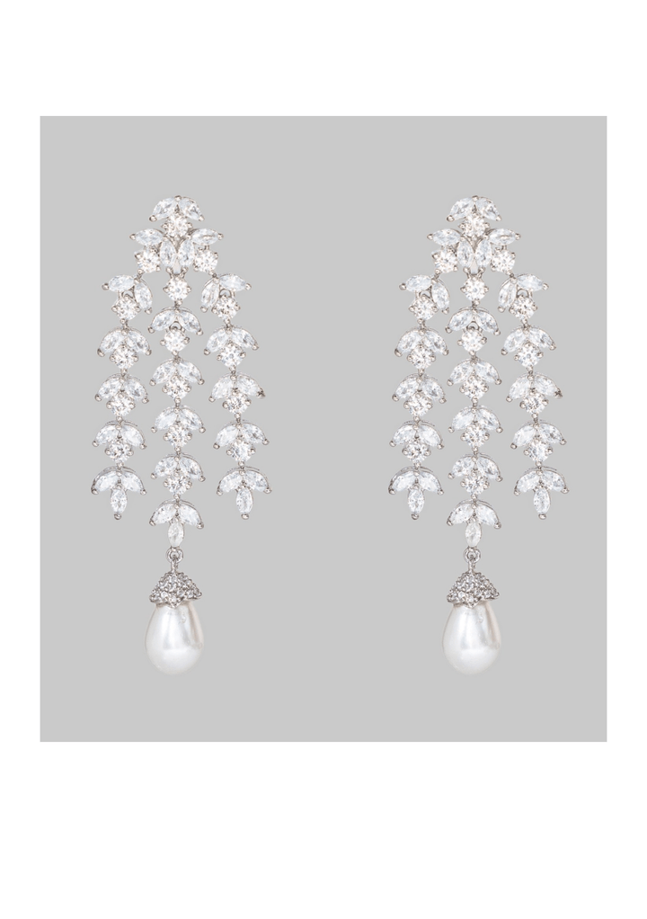 White Finish Diamond And Pearl Drop Dangler Earrings Zevar by Geeta - Fabilicious Fashion
