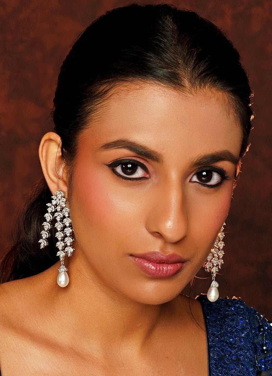 White Finish Diamond And Pearl Drop Dangler Earrings Zevar By Geeta - Fabilicious Fashion