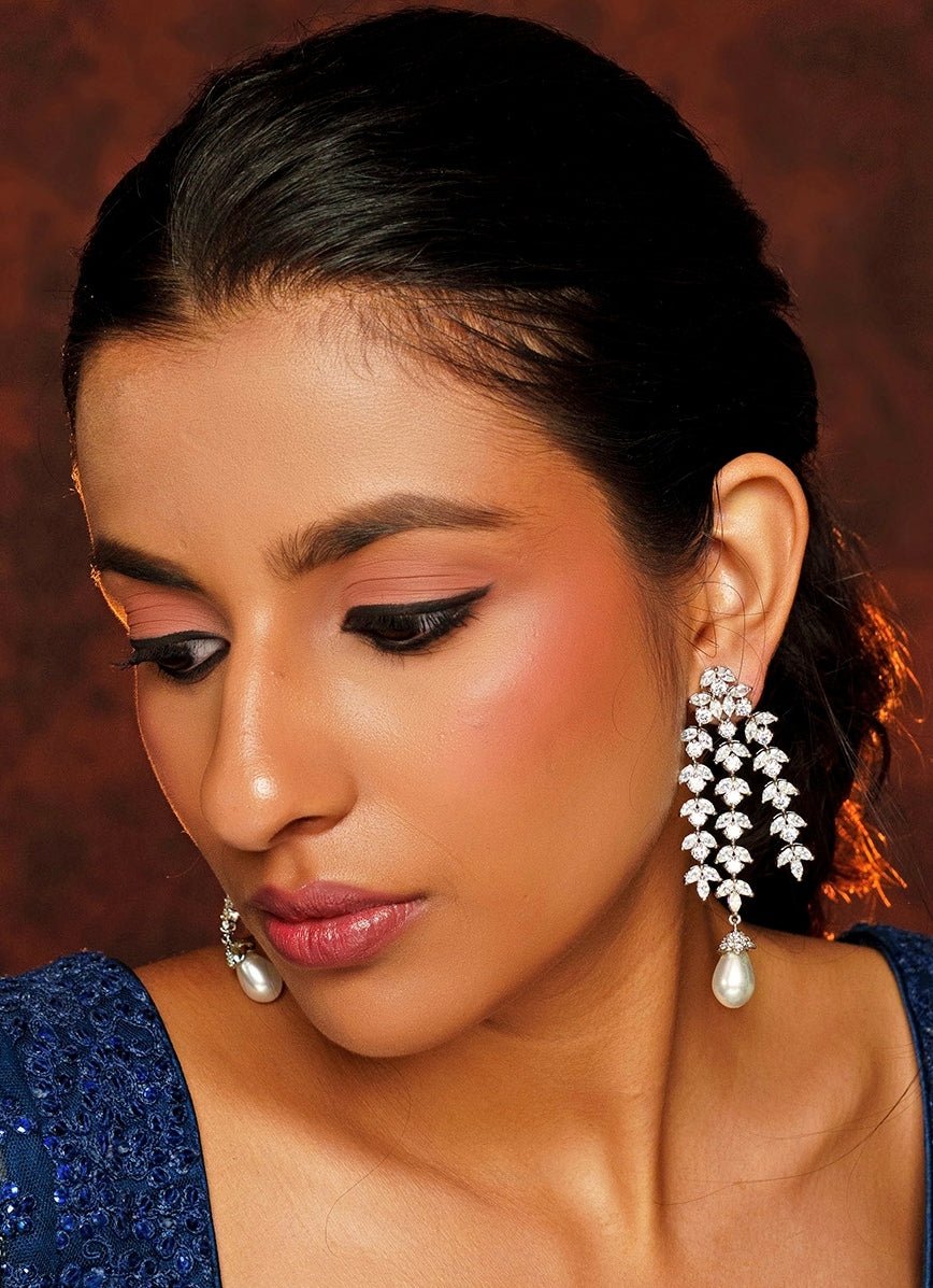 White Finish Diamond And Pearl Drop Dangler Earrings Zevar By Geeta - Fabilicious Fashion