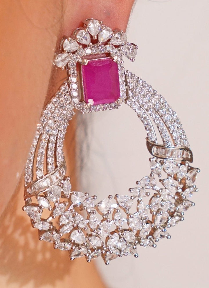 White Finish Diamond And Pink Stone Hoop Earrings Zevar by Geeta - Fabilicious Fashion