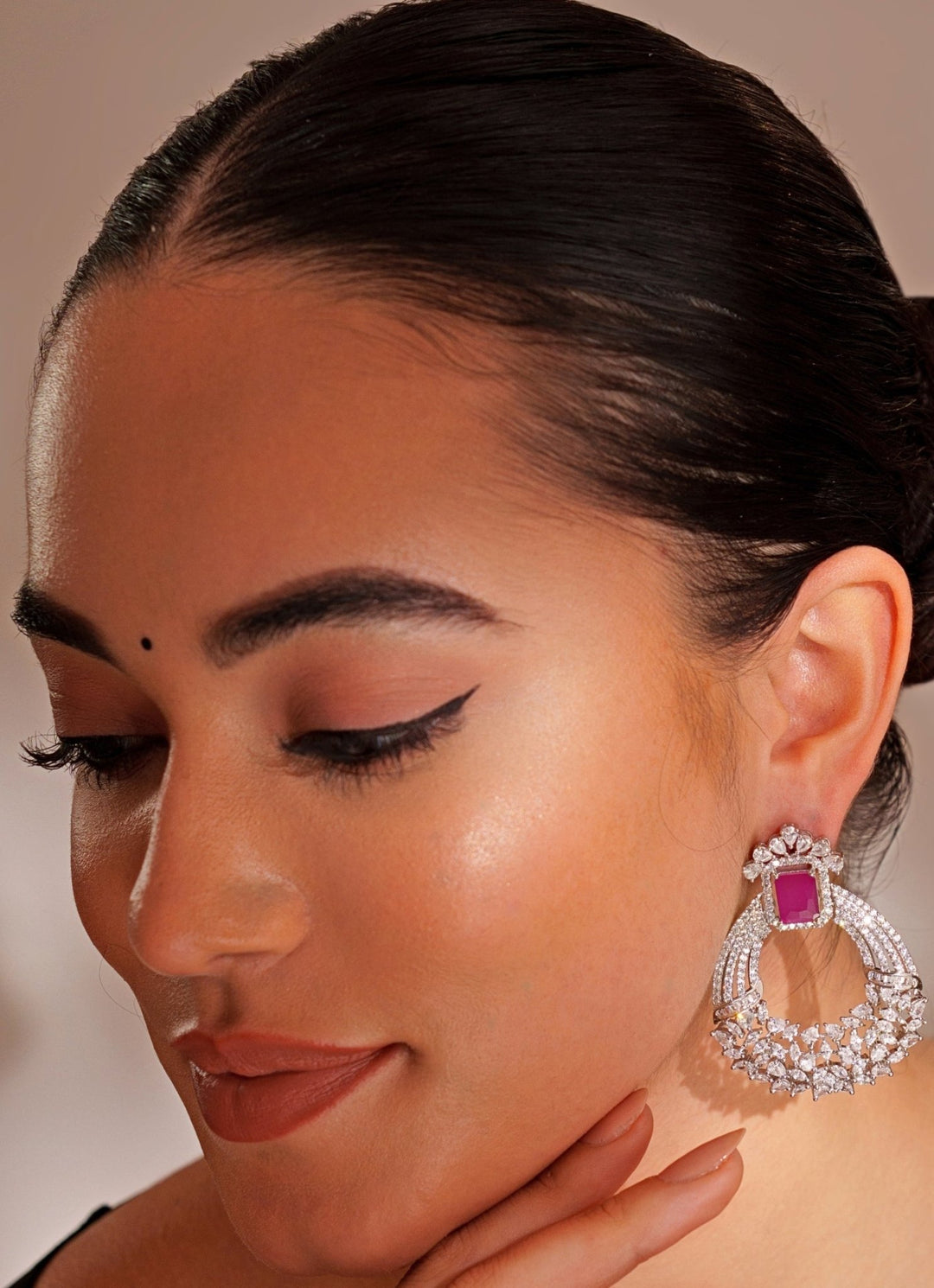 White Finish Diamond And Pink Stone Hoop Earrings Zevar by Geeta - Fabilicious Fashion