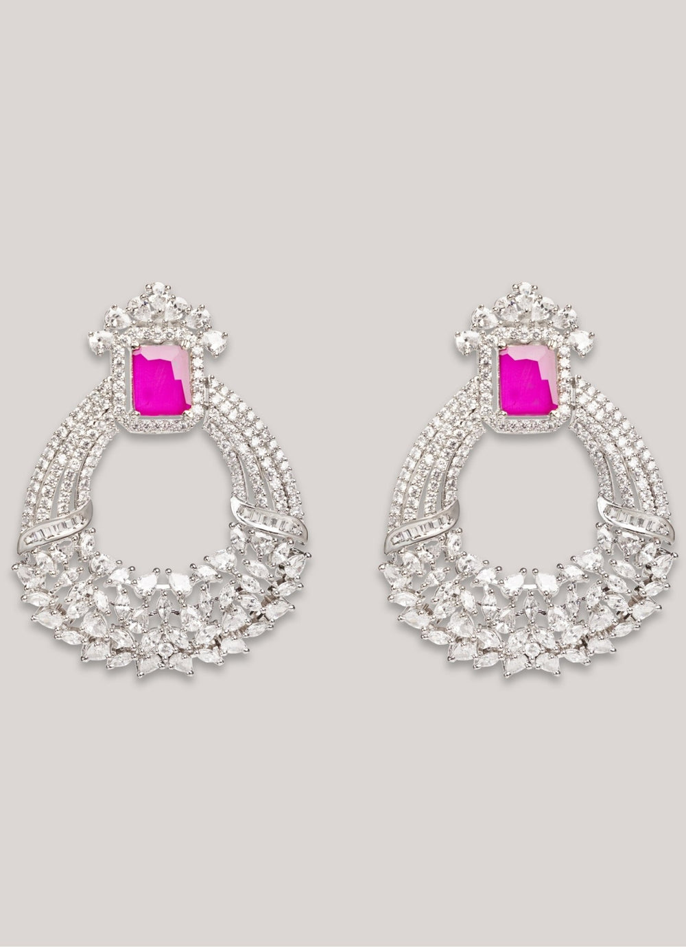 White Finish Diamond And Pink Stone Hoop Earrings Zevar by Geeta - Fabilicious Fashion