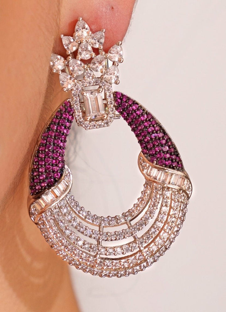 White Finish Diamond And Purple Stone Hoop Earrings Zevar by Geeta - Fabilicious Fashion