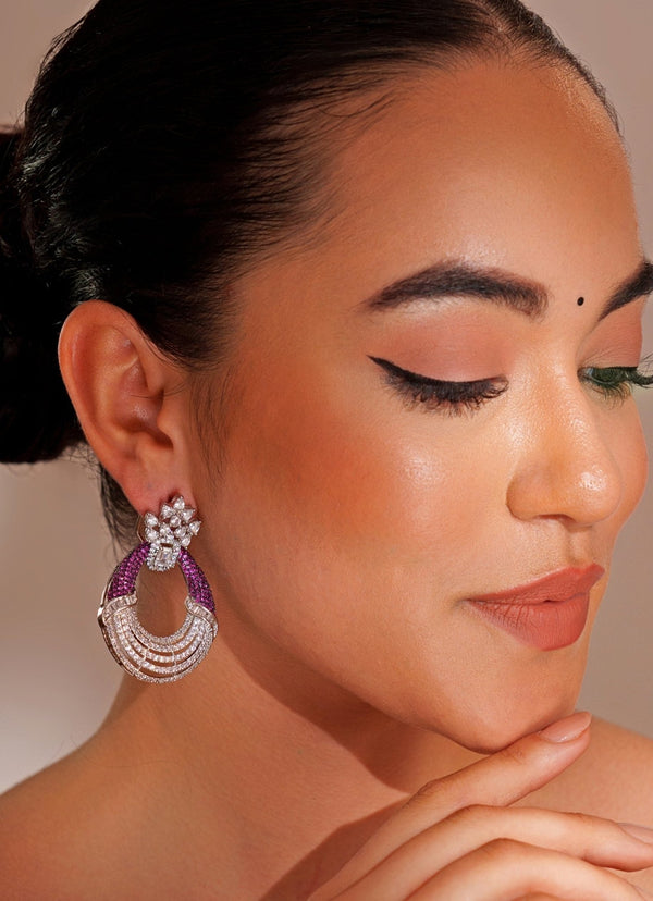 White Finish Diamond And Purple Stone Hoop Earrings