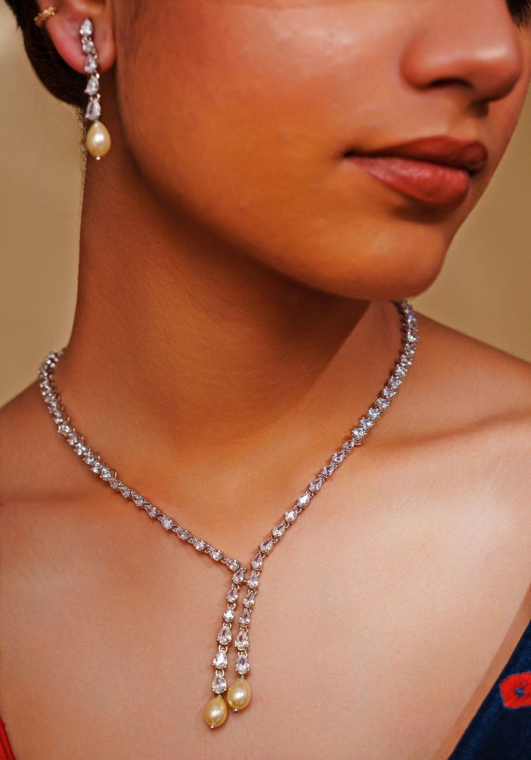 White Finish Diamond And Yellow Pendant Necklace Set Zevar by Geeta - Fabilicious Fashion