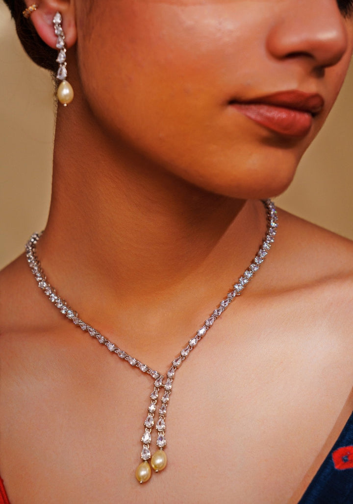 White Finish Diamond And Yellow Pendant Necklace Set Zevar by Geeta - Fabilicious Fashion