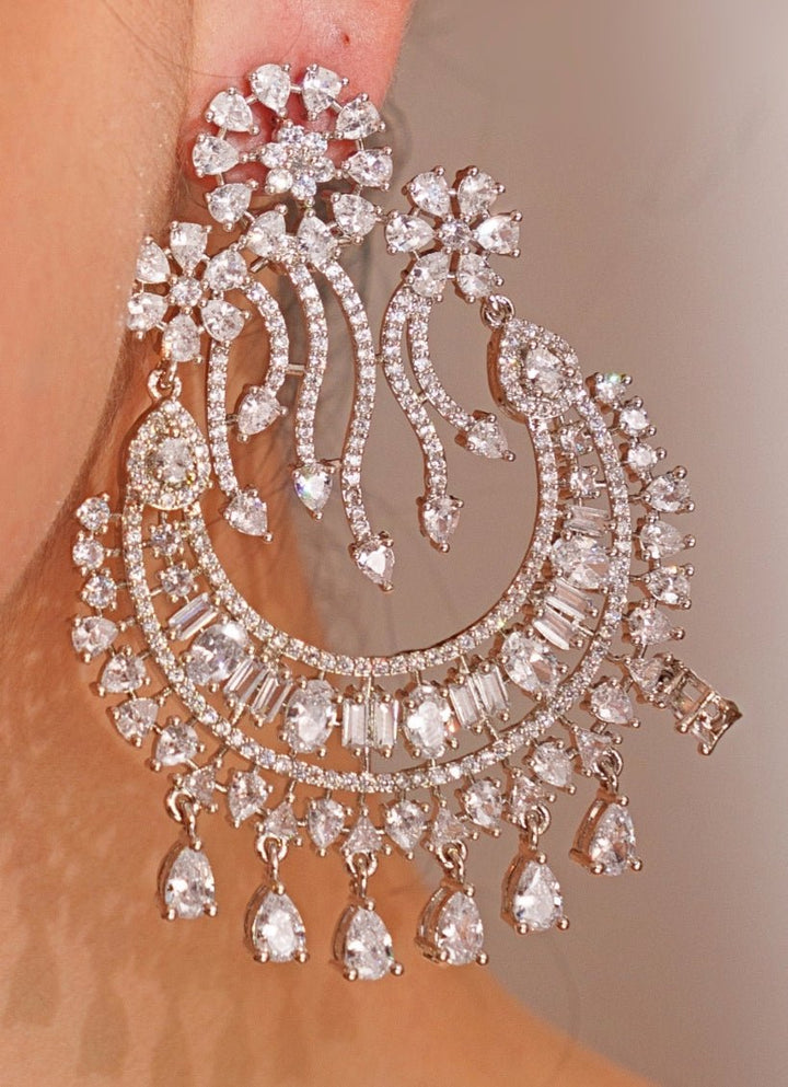 White Finish Diamond Chandbali Earrings Zevar by Geeta - Fabilicious Fashion