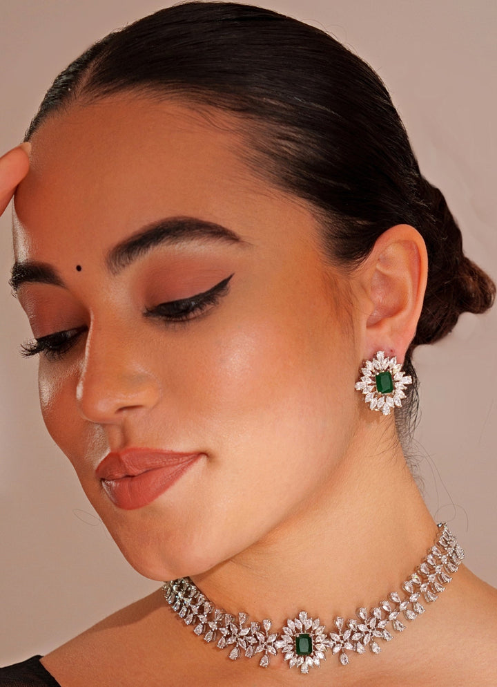 White Finish Diamond Choker Set With Emerald Stone Zevar by Geeta - Fabilicious Fashion