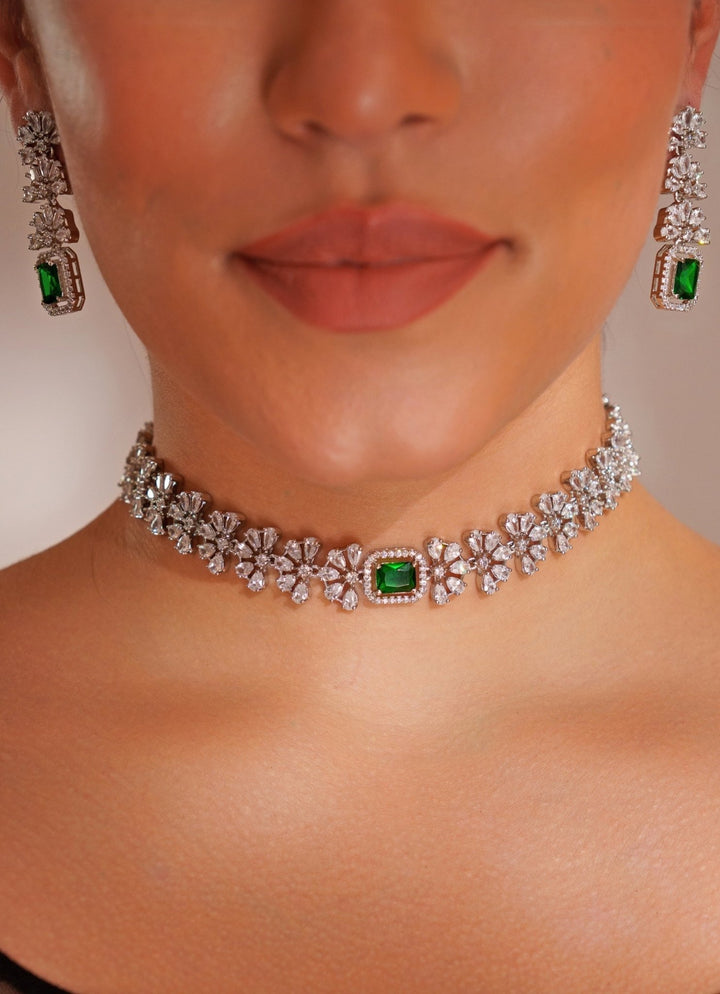 White Finish Diamond Choker Set With Emerald Stone Zevar by Geeta - Fabilicious Fashion