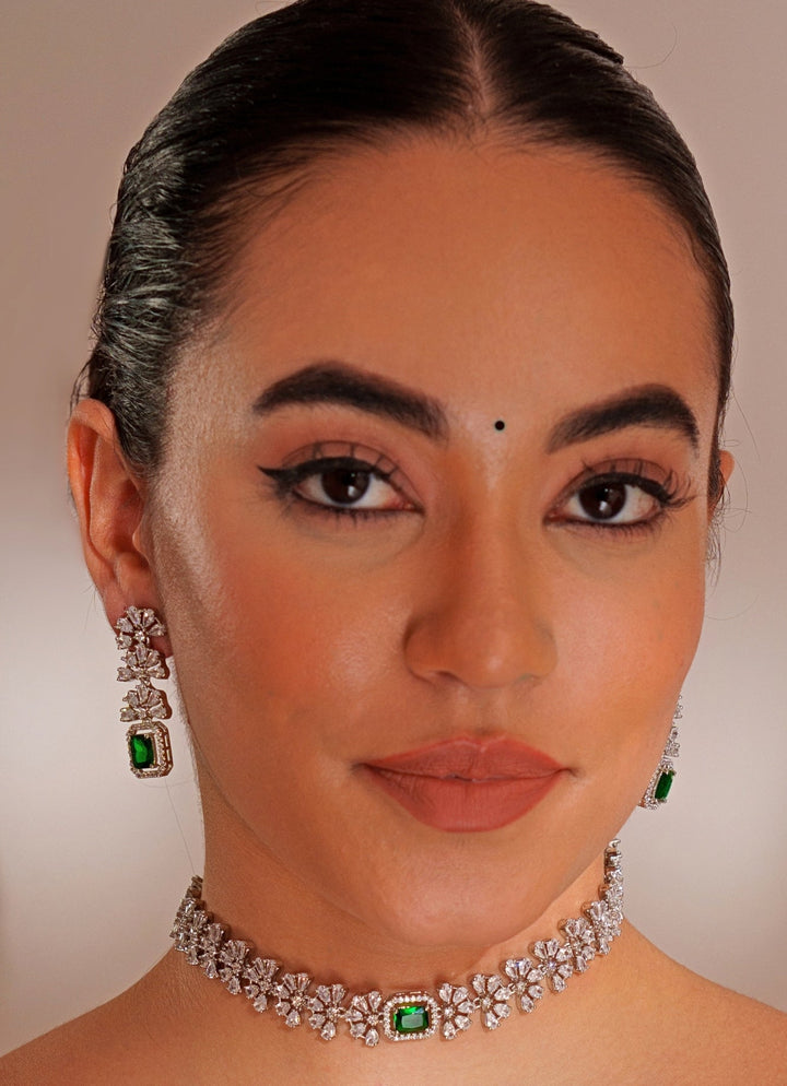 White Finish Diamond Choker Set With Emerald Stone Zevar by Geeta - Fabilicious Fashion