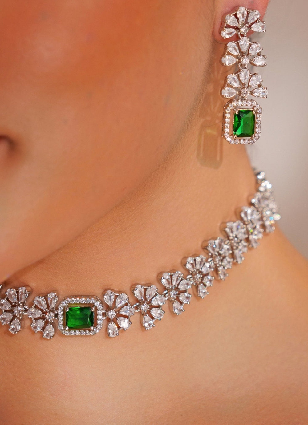 White Finish Diamond Choker Set With Emerald Stone Zevar by Geeta - Fabilicious Fashion