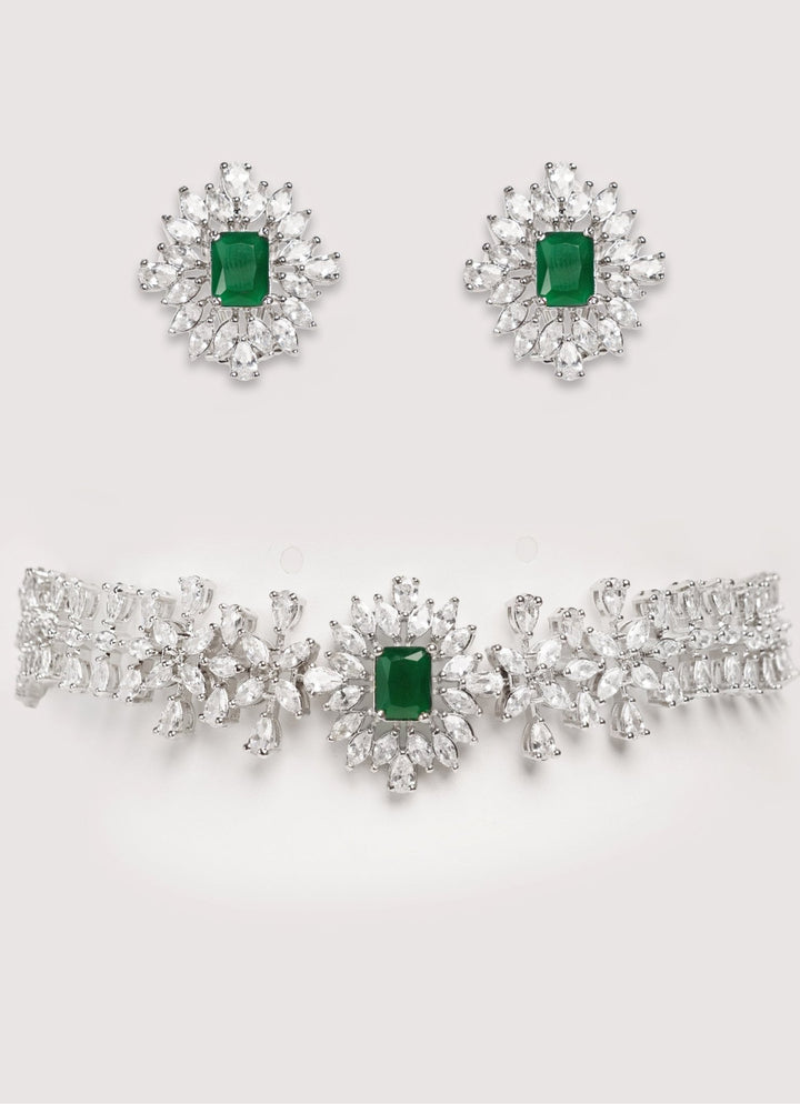 White Finish Diamond Choker Set With Emerald Stone Zevar by Geeta - Fabilicious Fashion