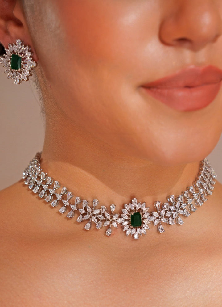 White Finish Diamond Choker Set With Emerald Stone Zevar by Geeta - Fabilicious Fashion