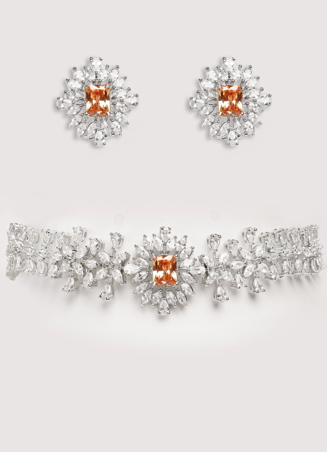 White Finish Diamond Choker Set With Peach Stone Zevar by Geeta - Fabilicious Fashion