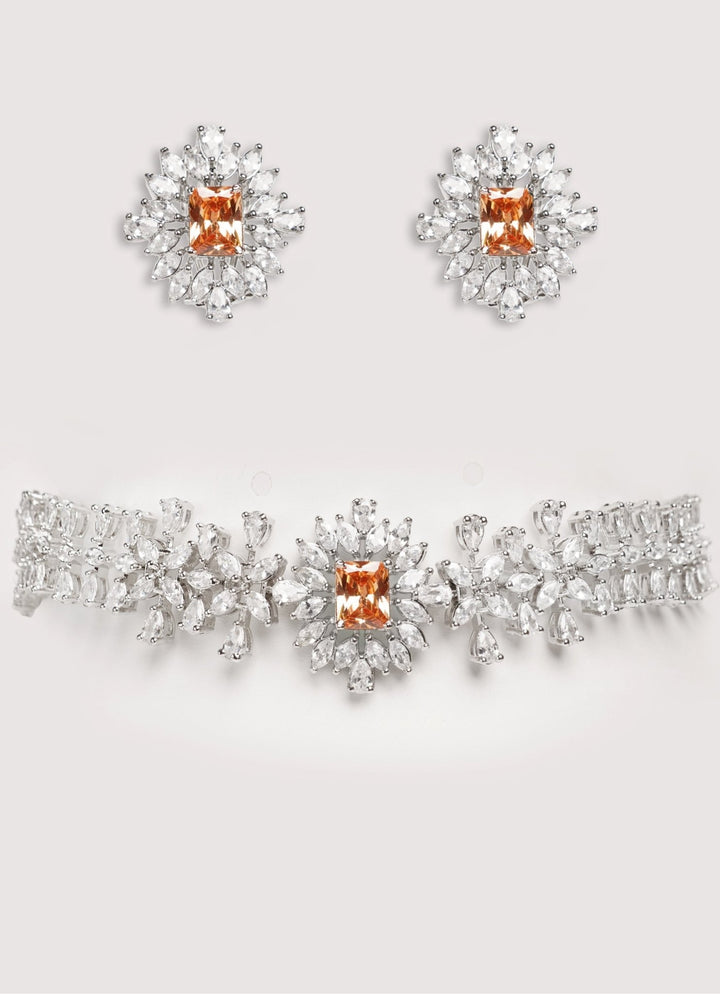 White Finish Diamond Choker Set With Peach Stone Zevar by Geeta - Fabilicious Fashion
