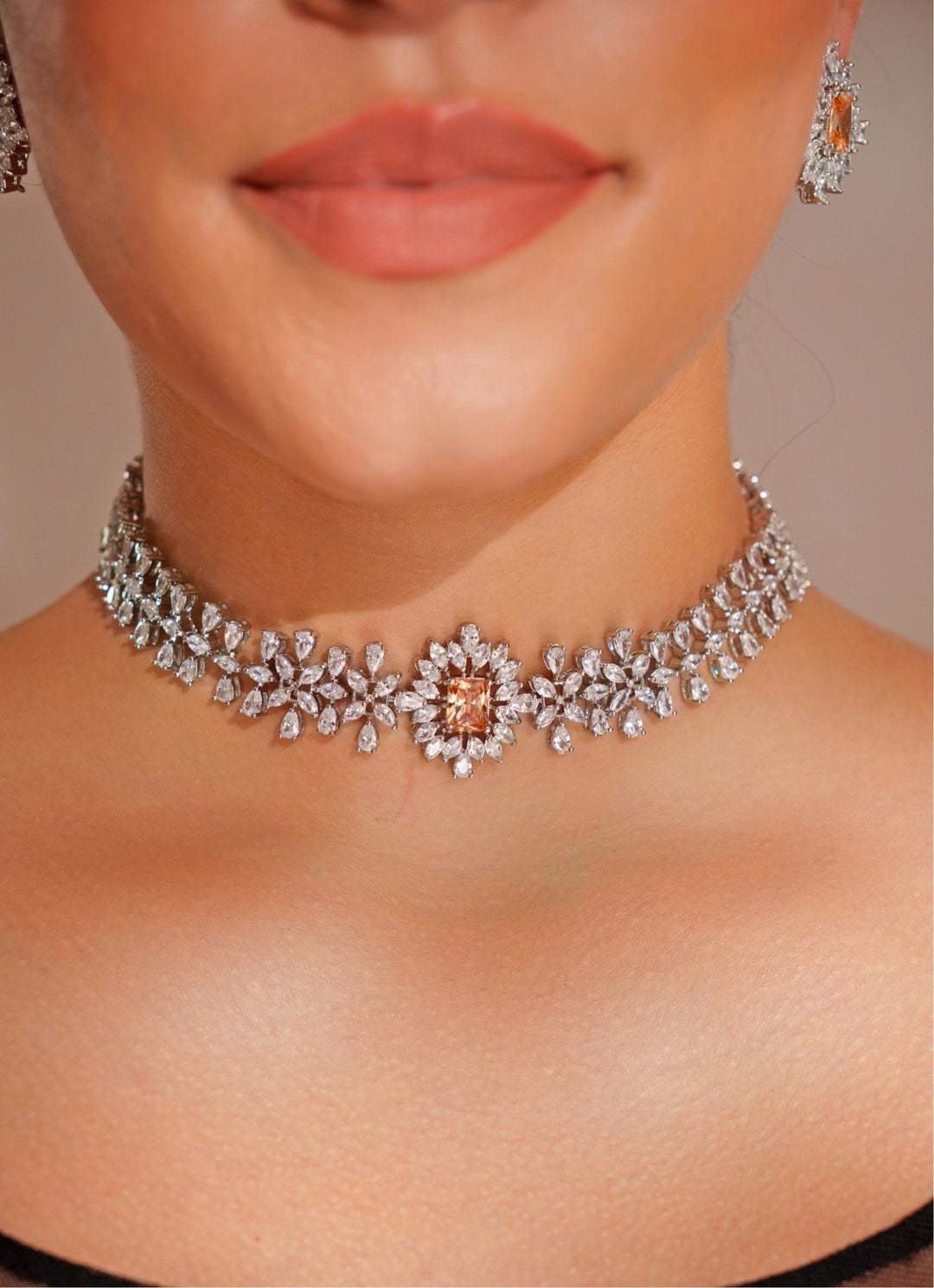 White Finish Diamond Choker Set With Peach Stone Zevar by Geeta - Fabilicious Fashion