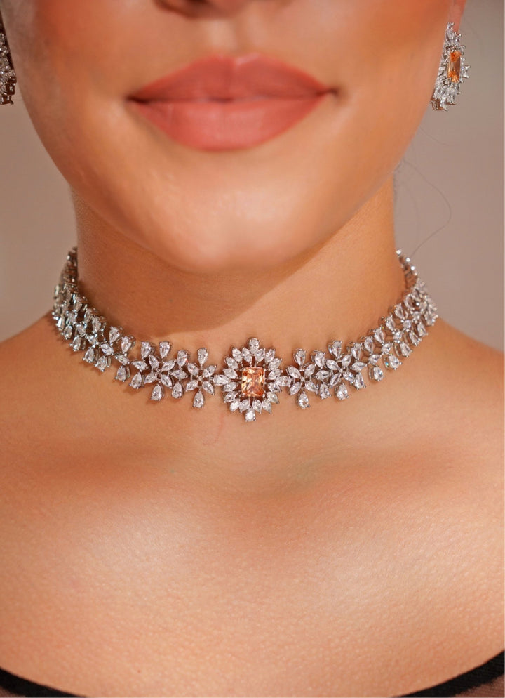 White Finish Diamond Choker Set With Peach Stone Zevar by Geeta - Fabilicious Fashion