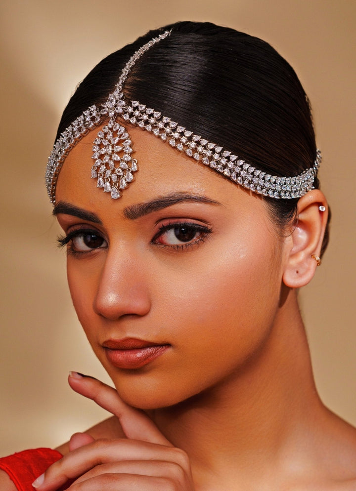 White Finish Diamond Cut Bridal Mathapatti Zevar by Geeta - Fabilicious Fashion
