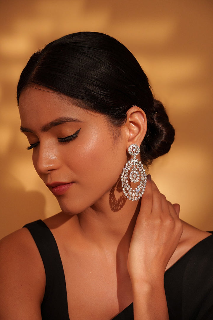 White Finish Diamond Dangler Earrings Zevar by Geeta - Fabilicious Fashion