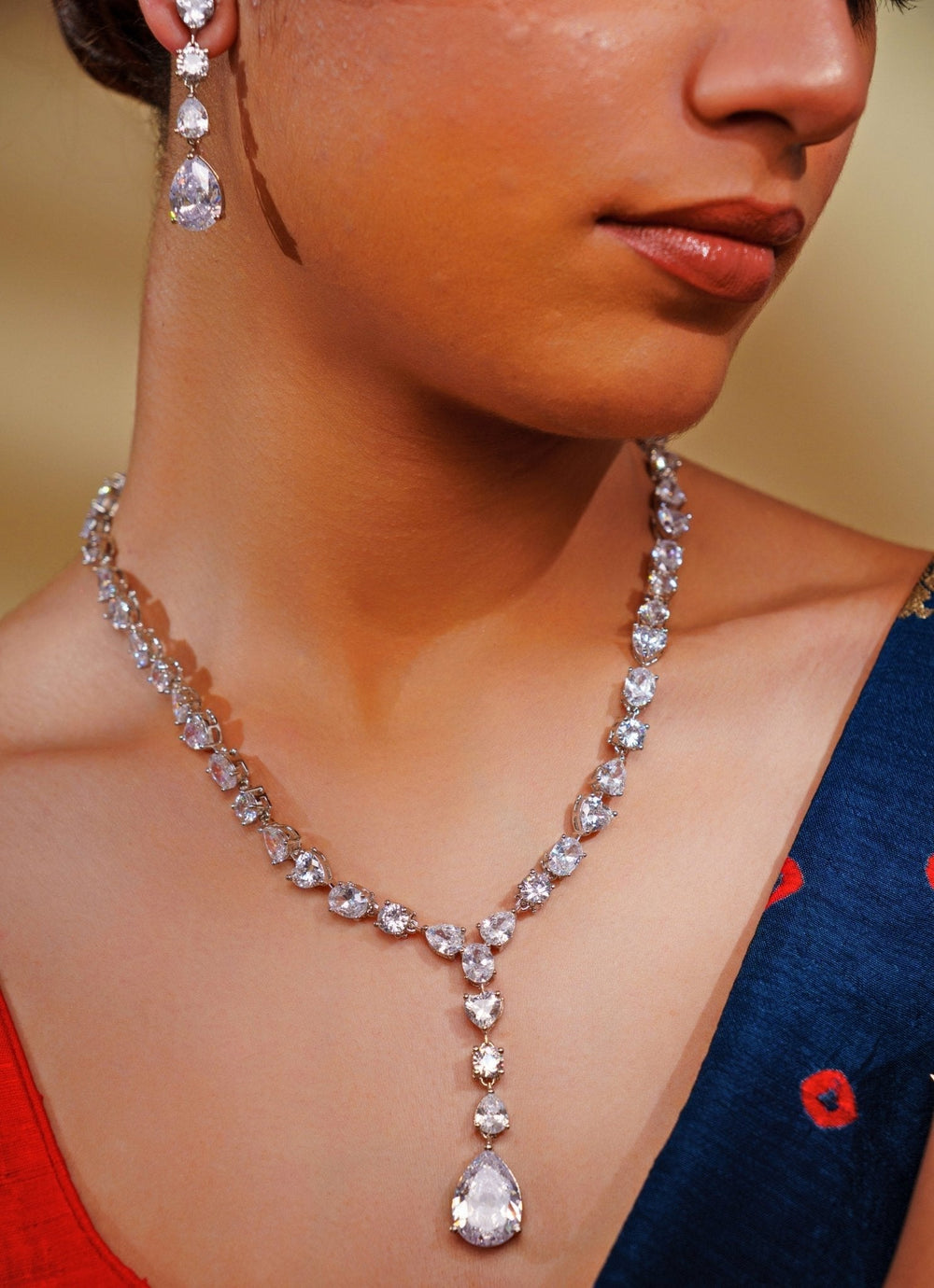 White Finish Diamond Drop Pendant Necklace Set Zevar by Geeta - Fabilicious Fashion