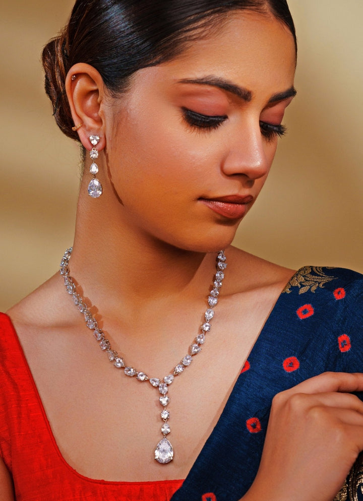 White Finish Diamond Drop Pendant Necklace Set Zevar by Geeta - Fabilicious Fashion