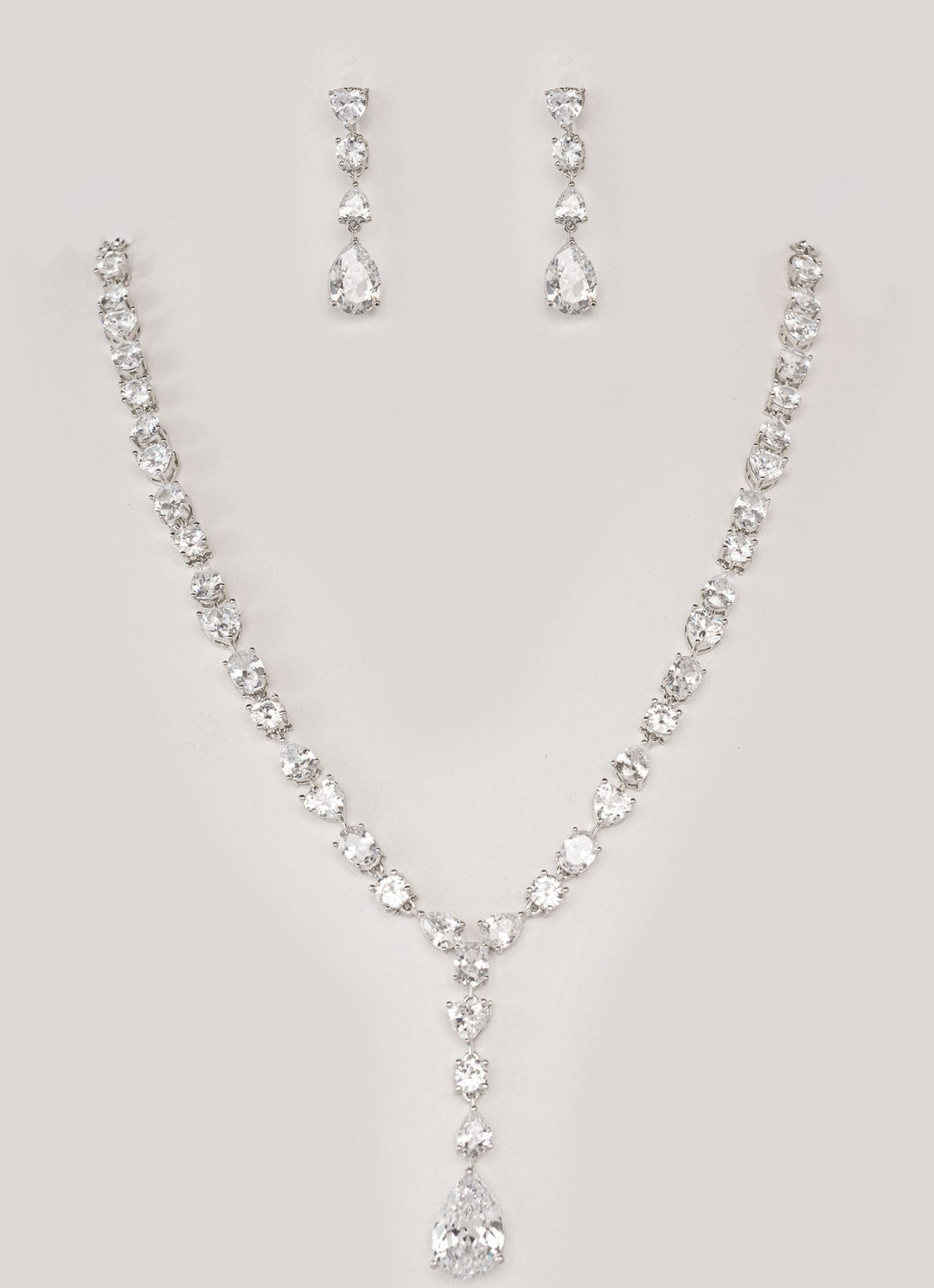 White Finish Diamond Drop Pendant Necklace Set Zevar by Geeta - Fabilicious Fashion