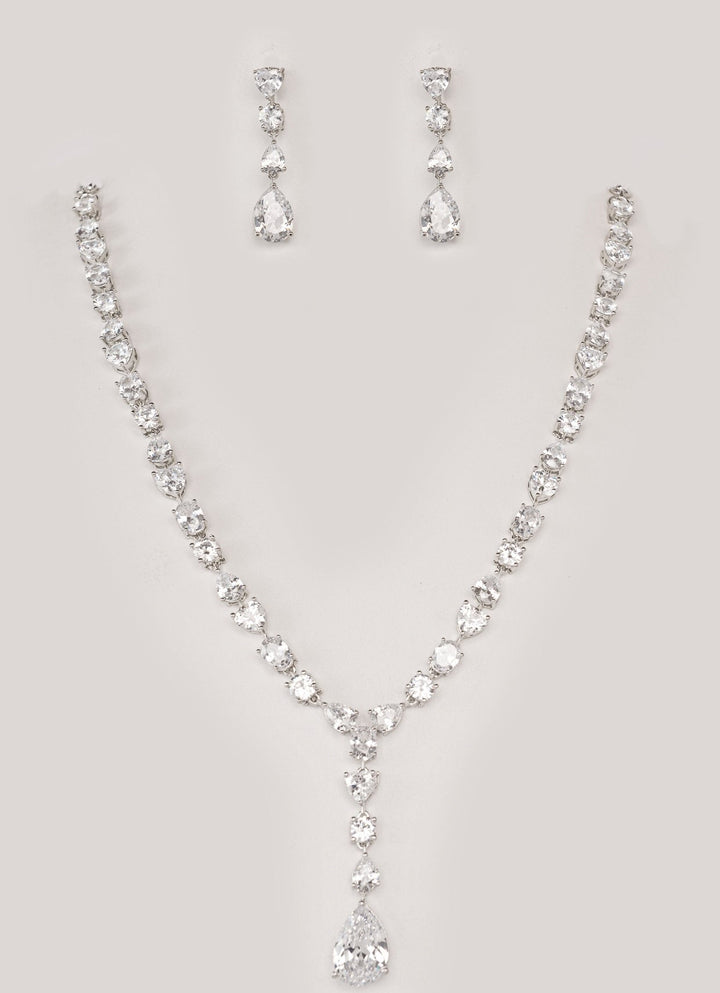 White Finish Diamond Drop Pendant Necklace Set Zevar by Geeta - Fabilicious Fashion