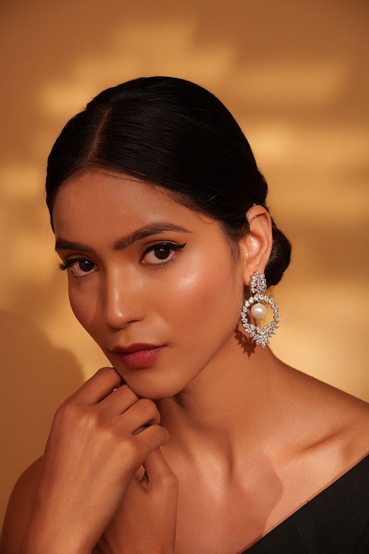 White Finish Diamond Hoop Earring With Pearl Drop Zevar by Geeta - Fabilicious Fashion