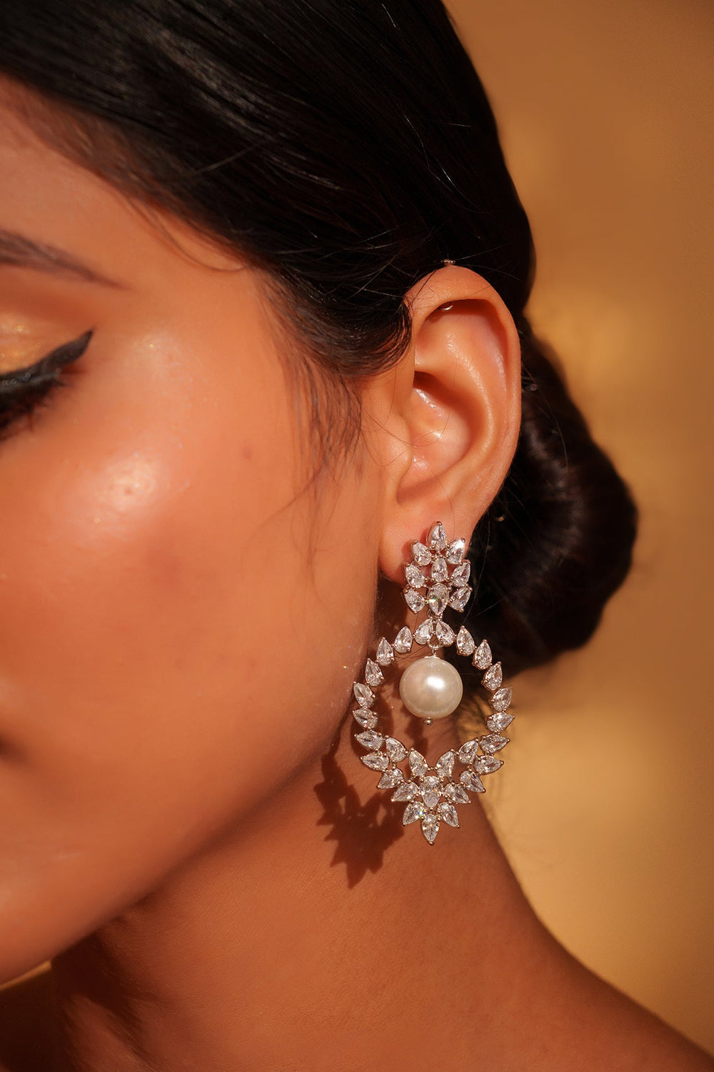 White Finish Diamond Hoop Earring With Pearl Drop Zevar by Geeta - Fabilicious Fashion