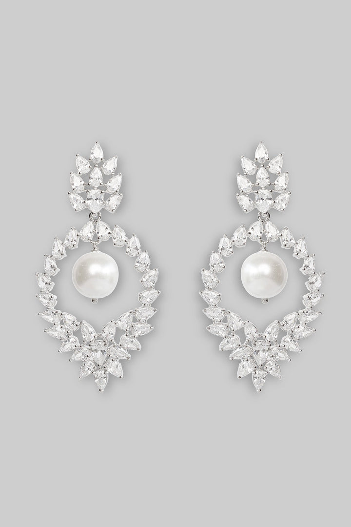 White Finish Diamond Hoop Earring With Pearl Drop Zevar by Geeta - Fabilicious Fashion