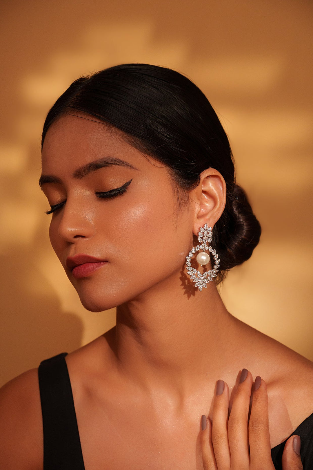 White Finish Diamond Hoop Earring With Pearl Drop Zevar by Geeta - Fabilicious Fashion