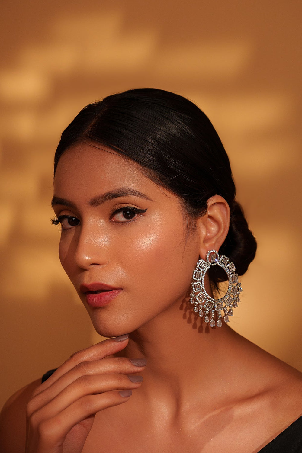 White Finish Diamond Hoop Earrings Zevar by Geeta - Fabilicious Fashion