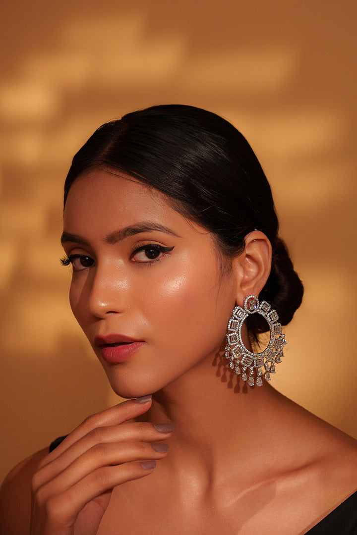 White Finish Diamond Hoop Earrings Zevar by Geeta - Fabilicious Fashion