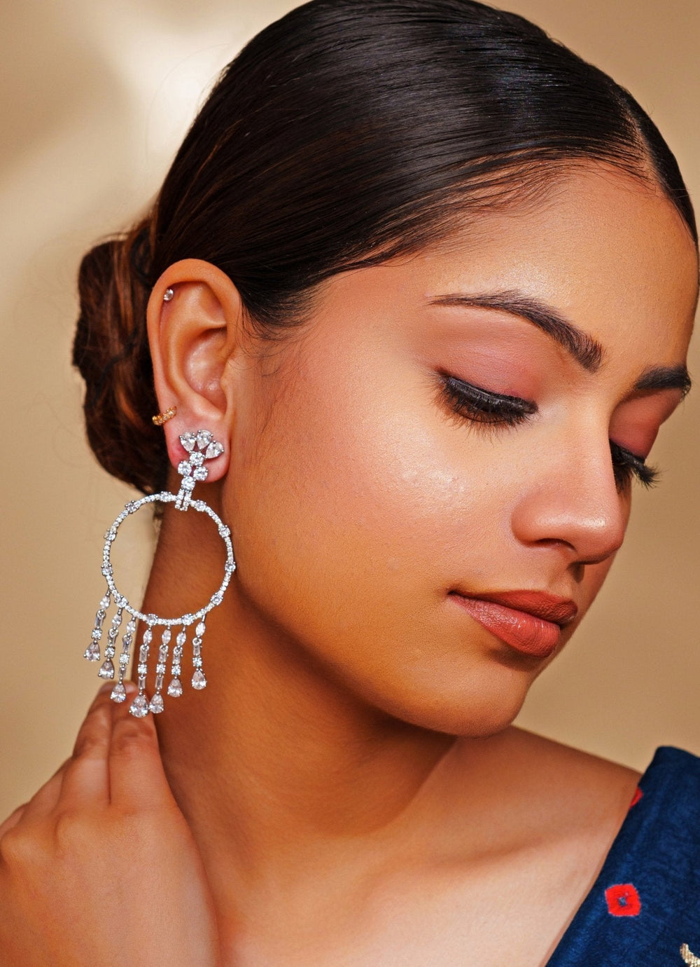 White Finish Diamond Hoop Earrings Zevar by Geeta - Fabilicious Fashion