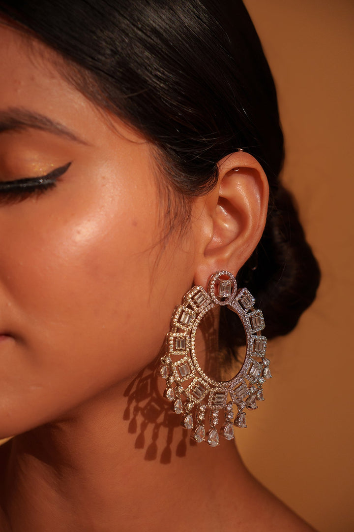 White Finish Diamond Hoop Earrings Zevar by Geeta - Fabilicious Fashion