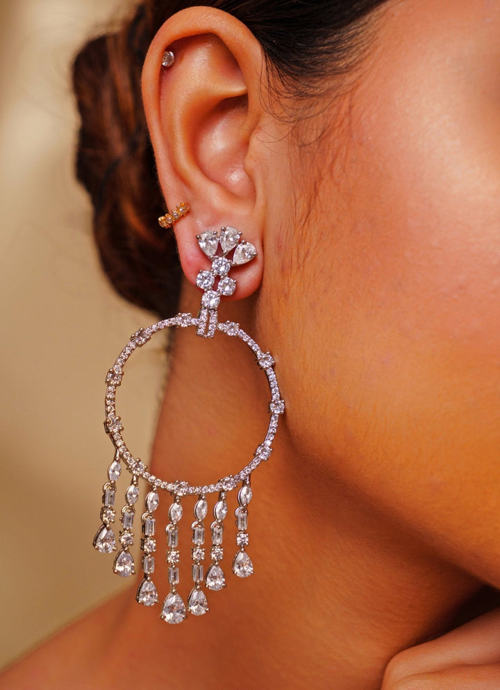 White Finish Diamond Hoop Earrings Zevar by Geeta - Fabilicious Fashion