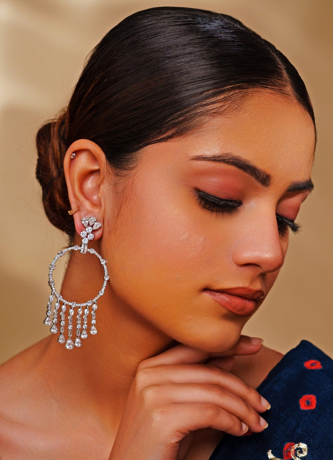 White Finish Diamond Hoop Earrings Zevar by Geeta - Fabilicious Fashion
