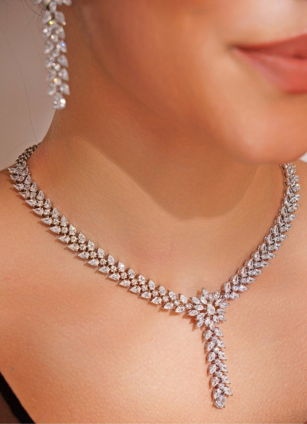 White Finish Diamond Long Necklace Set With Dangler Earrings Zevar by Geeta - Fabilicious Fashion