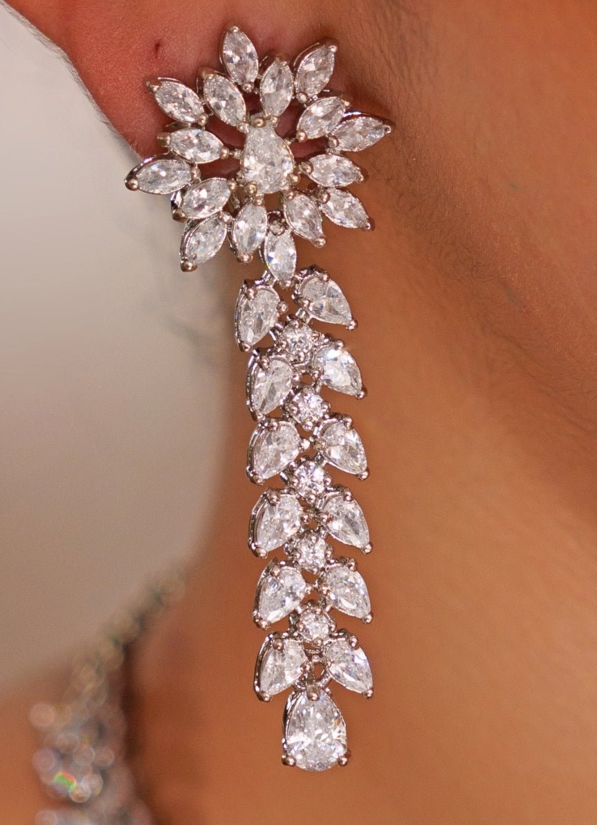 White Finish Diamond Long Necklace Set With Dangler Earrings Zevar by Geeta - Fabilicious Fashion