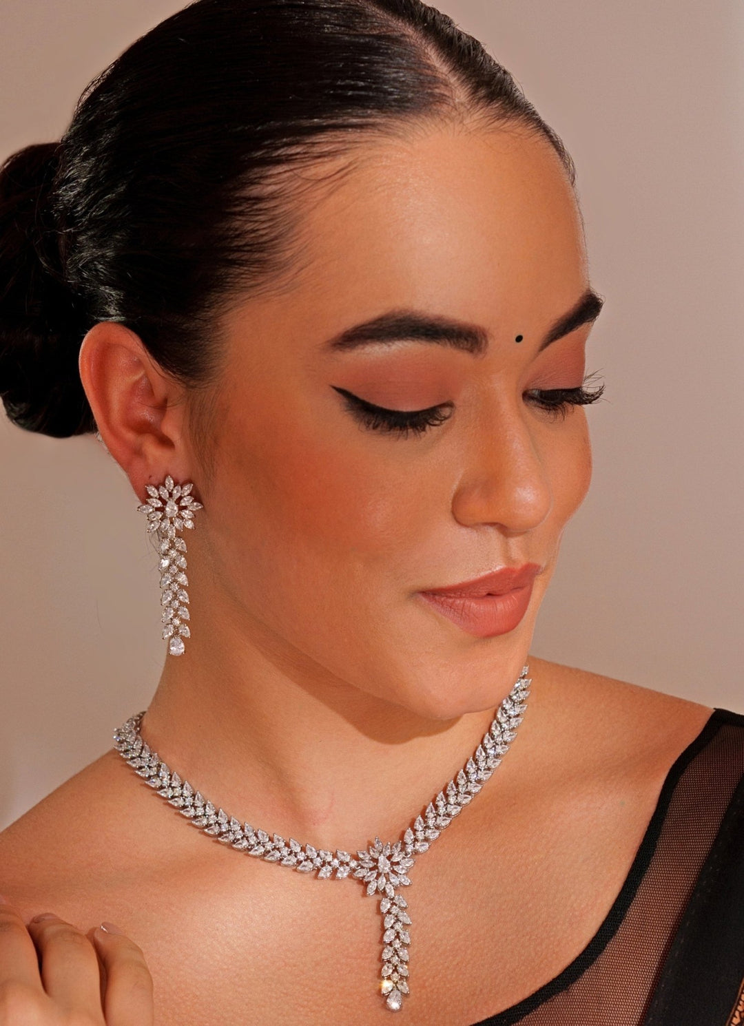 White Finish Diamond Long Necklace Set With Dangler Earrings Zevar by Geeta - Fabilicious Fashion