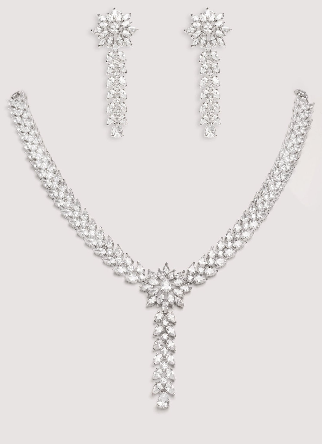 White Finish Diamond Long Necklace Set With Dangler Earrings Zevar by Geeta - Fabilicious Fashion