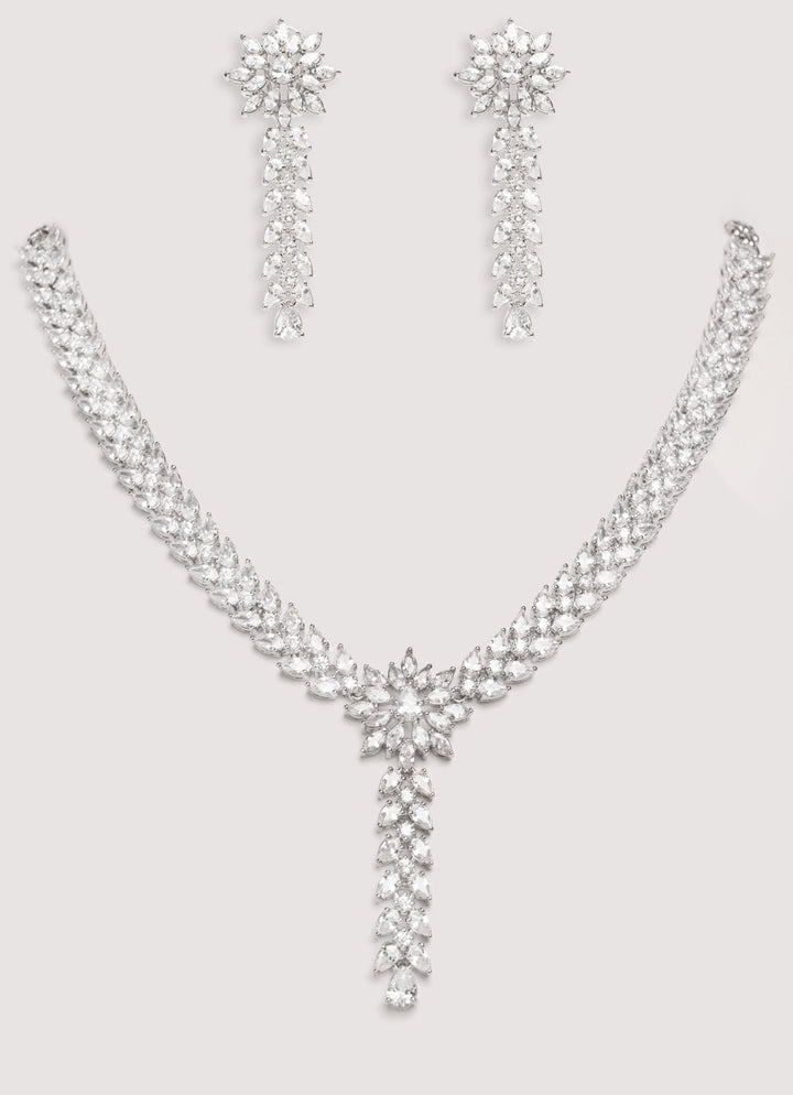 White Finish Diamond Long Necklace Set With Dangler Earrings Zevar by Geeta - Fabilicious Fashion
