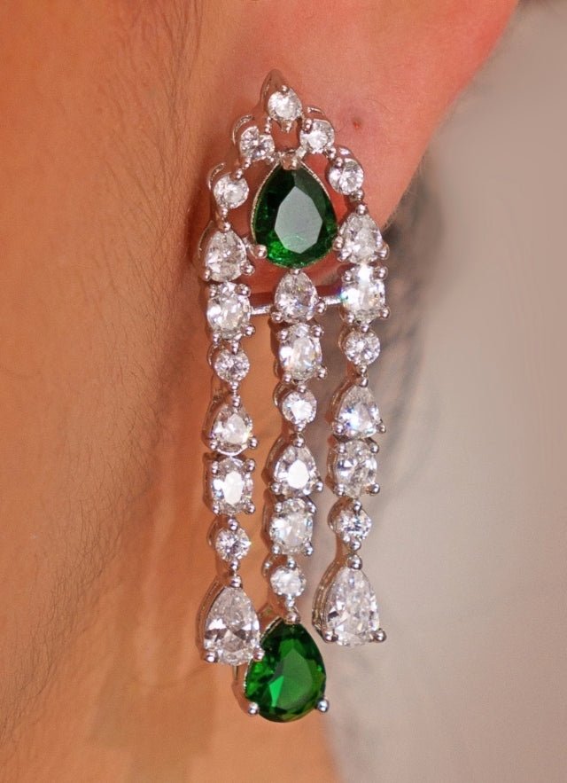 White Finish Diamond Long Necklace Set With Emerald Stone Zevar by Geeta - Fabilicious Fashion