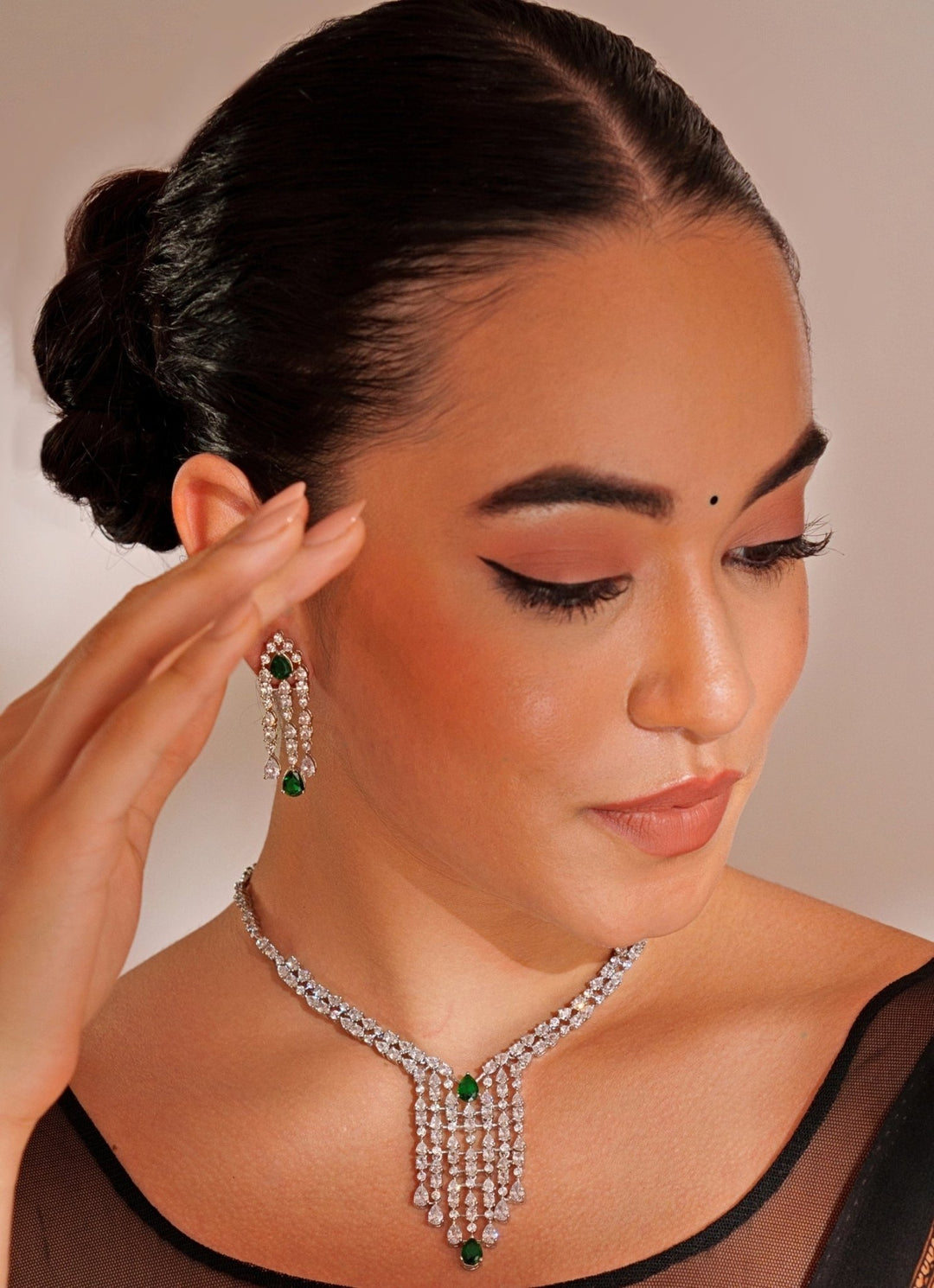 White Finish Diamond Long Necklace Set With Emerald Stone Zevar by Geeta - Fabilicious Fashion