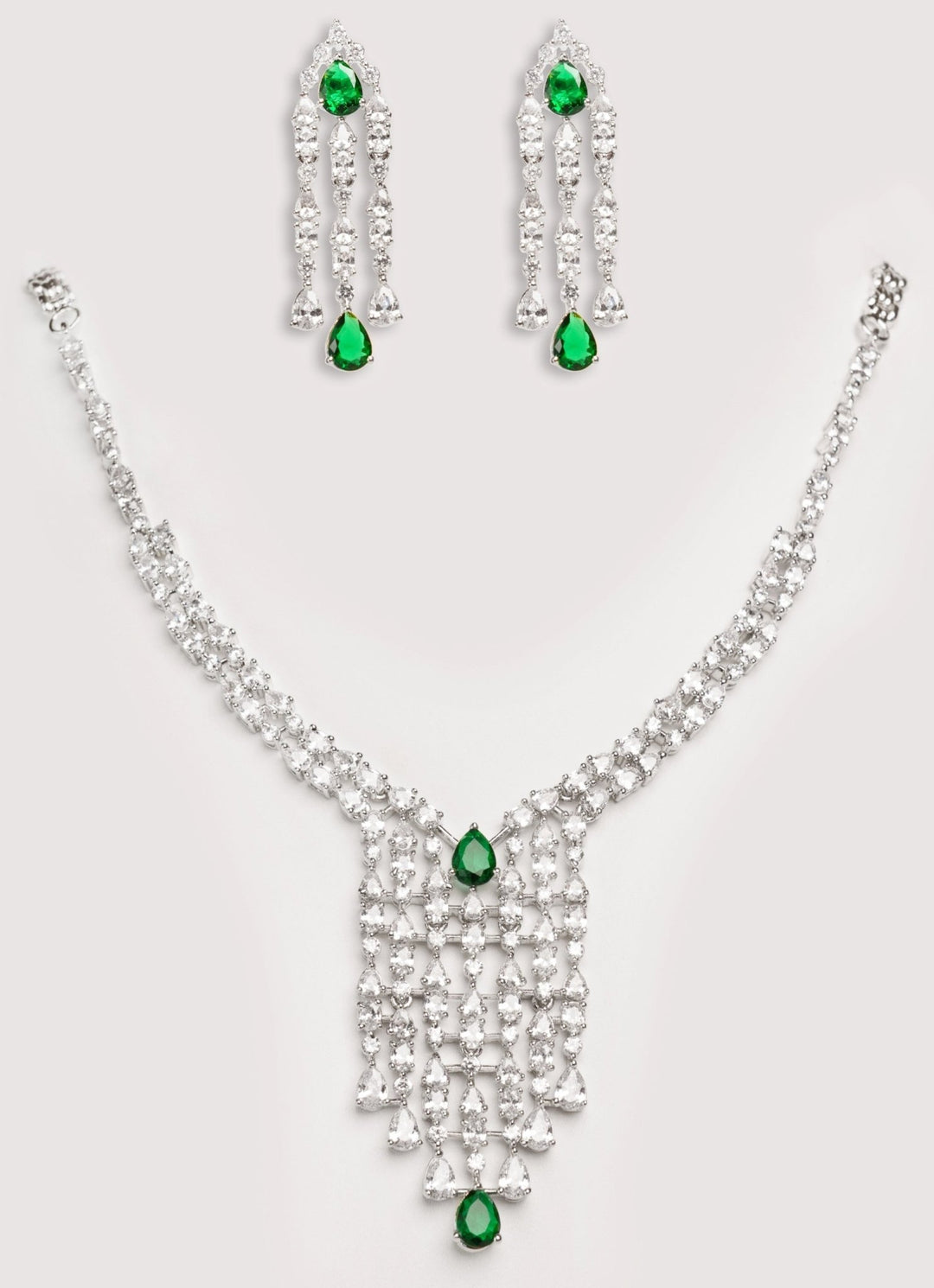 White Finish Diamond Long Necklace Set With Emerald Stone Zevar by Geeta - Fabilicious Fashion