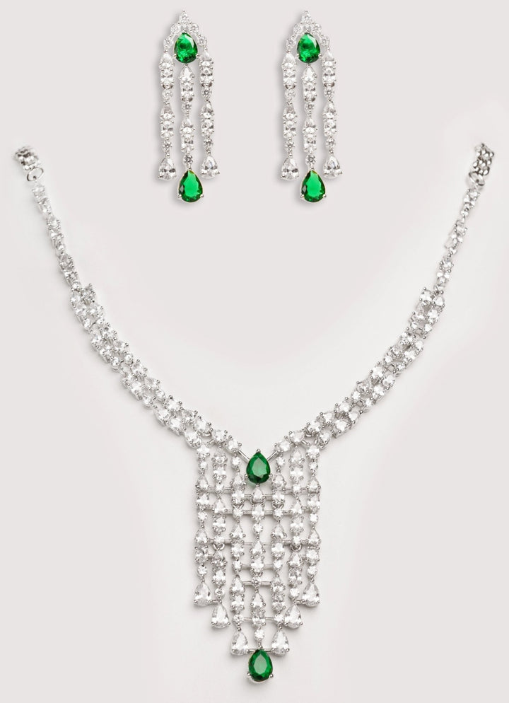 White Finish Diamond Long Necklace Set With Emerald Stone Zevar by Geeta - Fabilicious Fashion