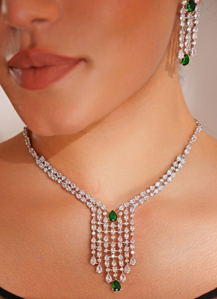 White Finish Diamond Long Necklace Set With Emerald Stone Zevar by Geeta - Fabilicious Fashion