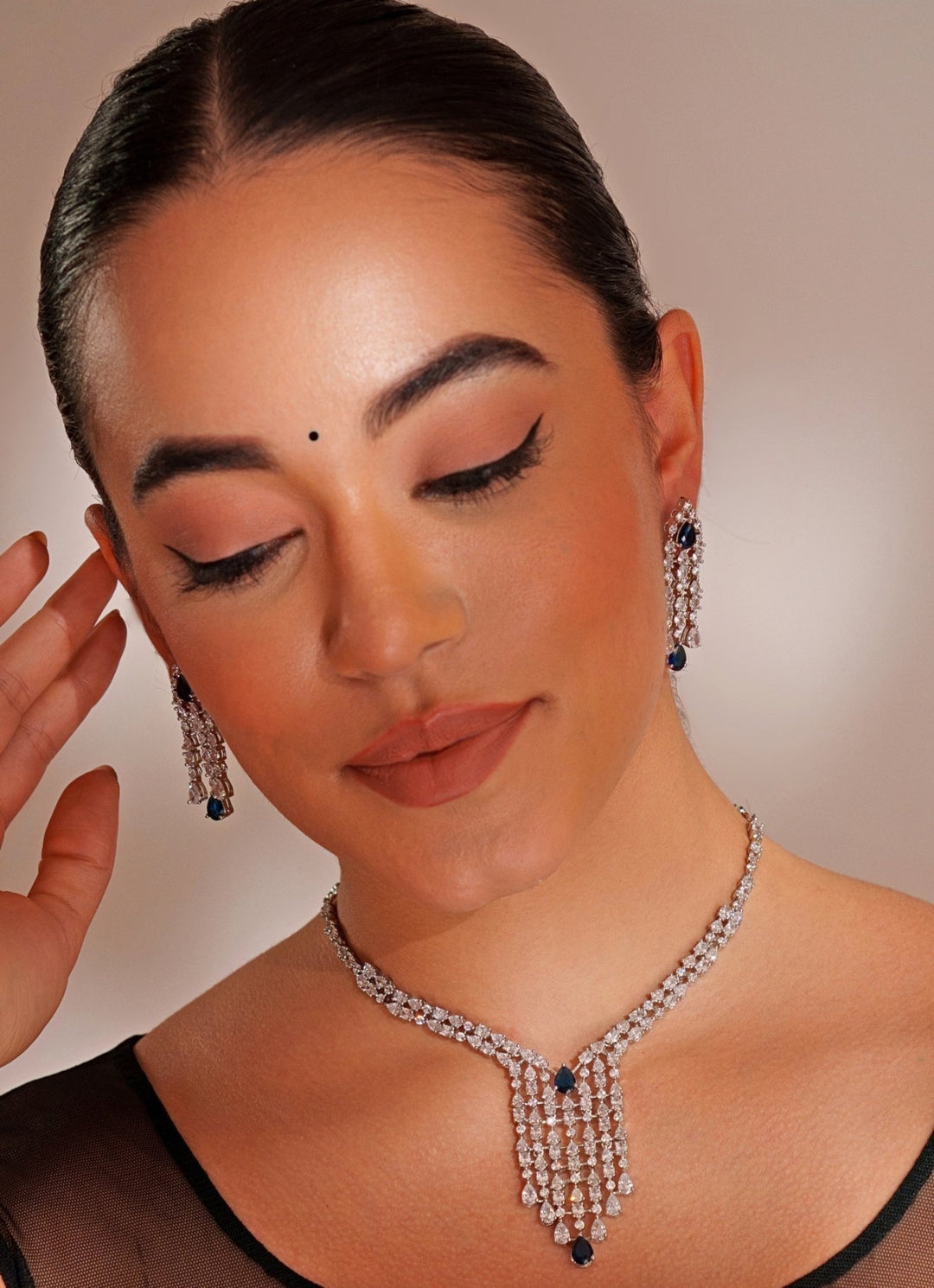White Finish Diamond Long Necklace Set With Sapphire Stone Zevar by Geeta - Fabilicious Fashion