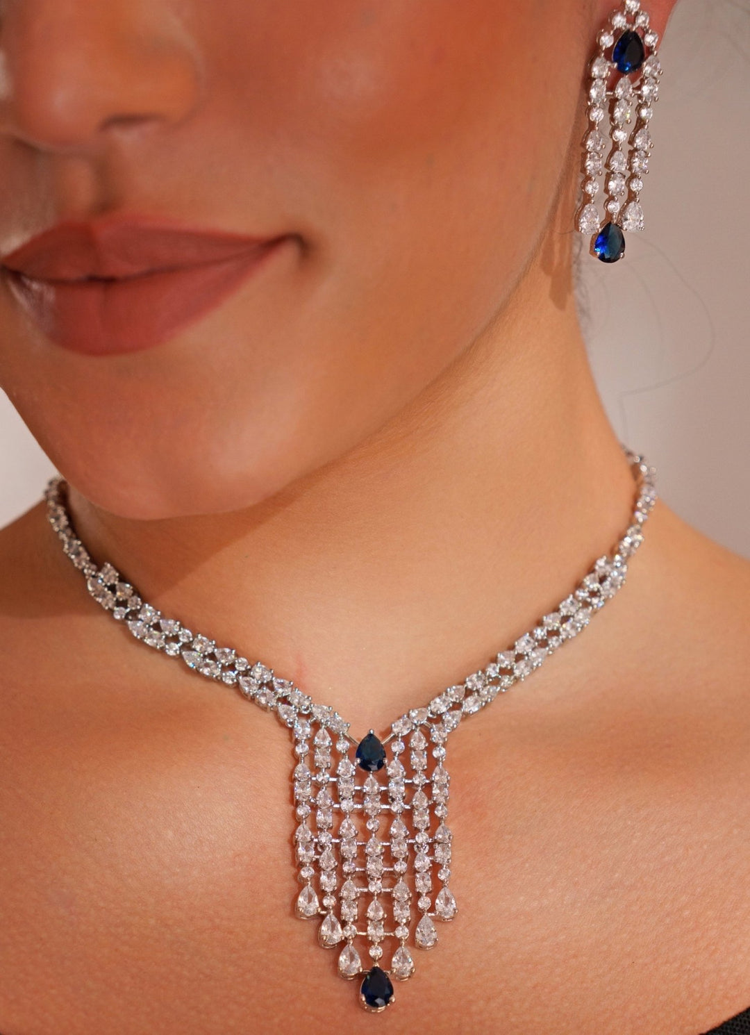 White Finish Diamond Long Necklace Set With Sapphire Stone Zevar by Geeta - Fabilicious Fashion