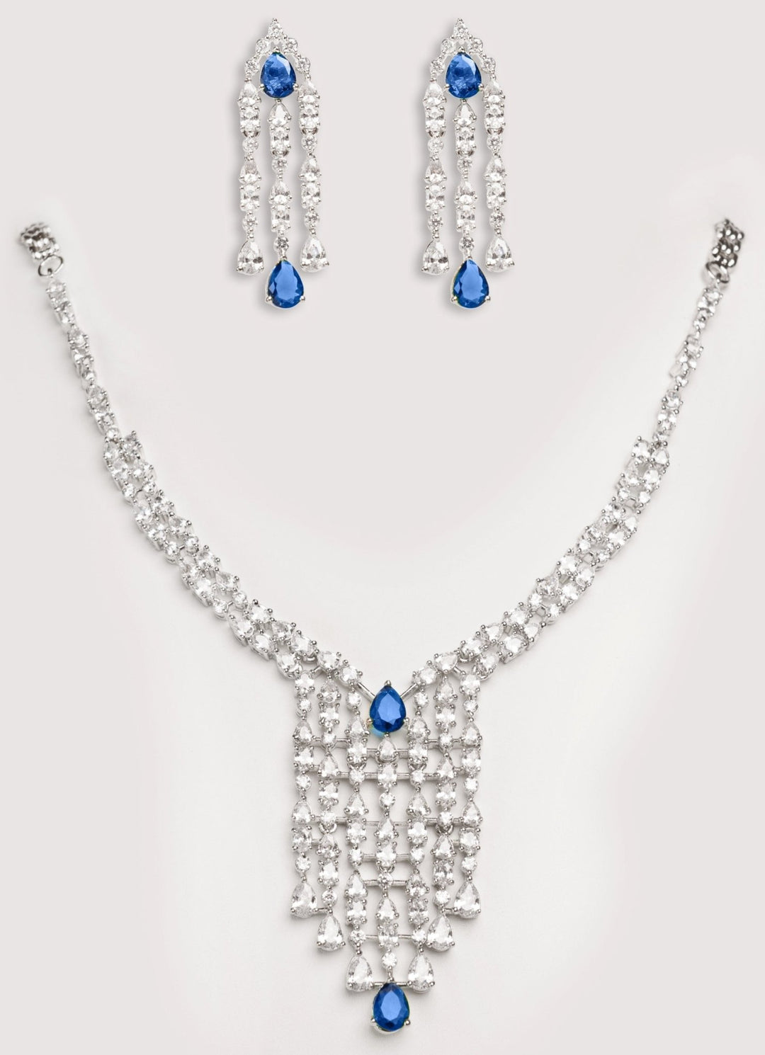 White Finish Diamond Long Necklace Set With Sapphire Stone Zevar by Geeta - Fabilicious Fashion